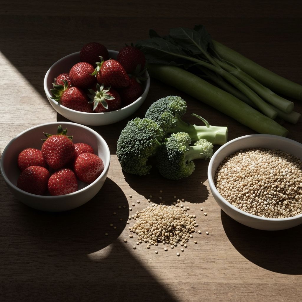 Fresh arrangement of fruits, vegetables, and whole grains on natural wood table under directional lighting