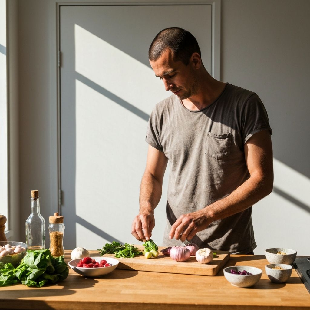 Man making intentional lifestyle choice in natural setting with institutional-style lighting emphasizing clarity and focus