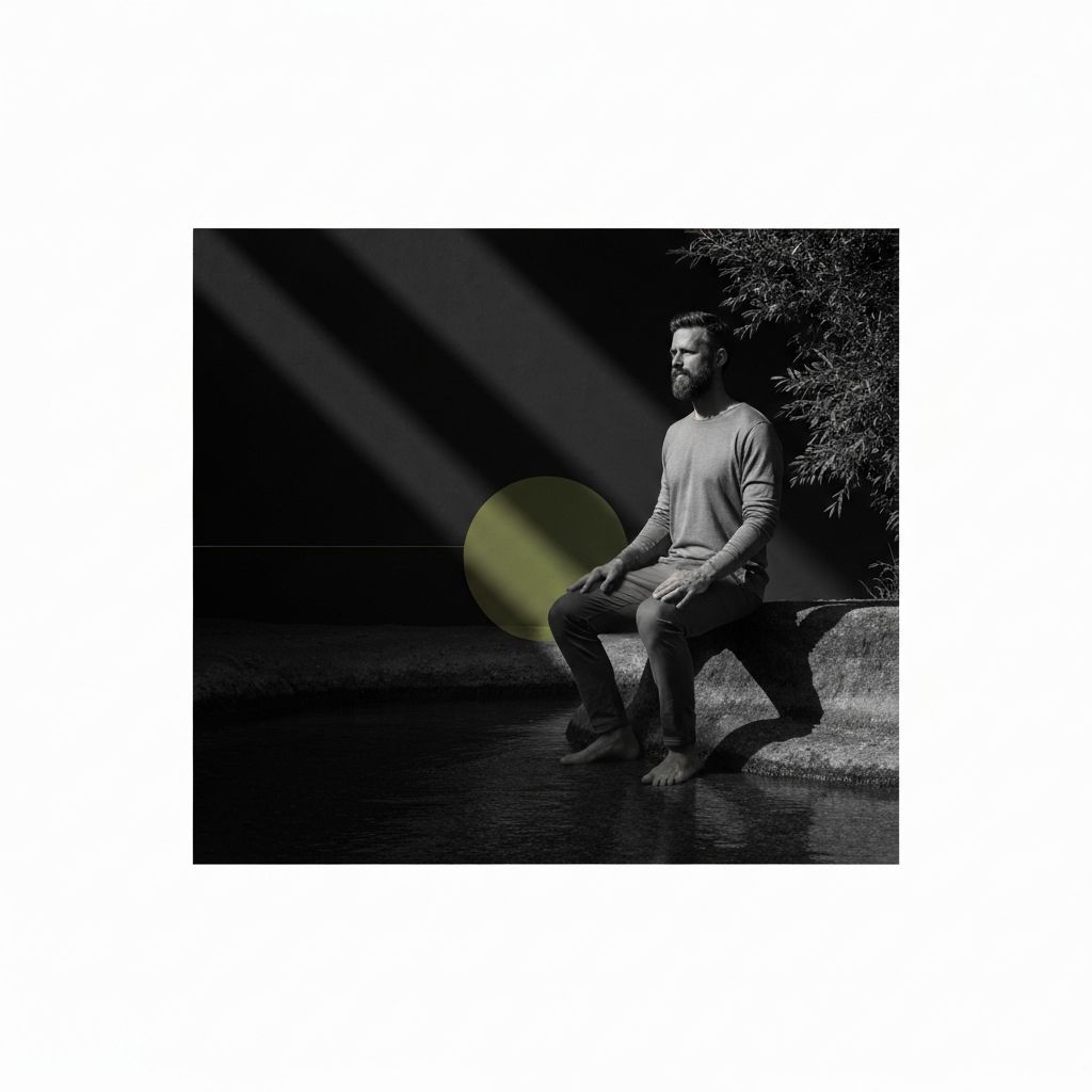 Man in natural environment integrating physical, mental, and spiritual elements with peaceful balanced composition