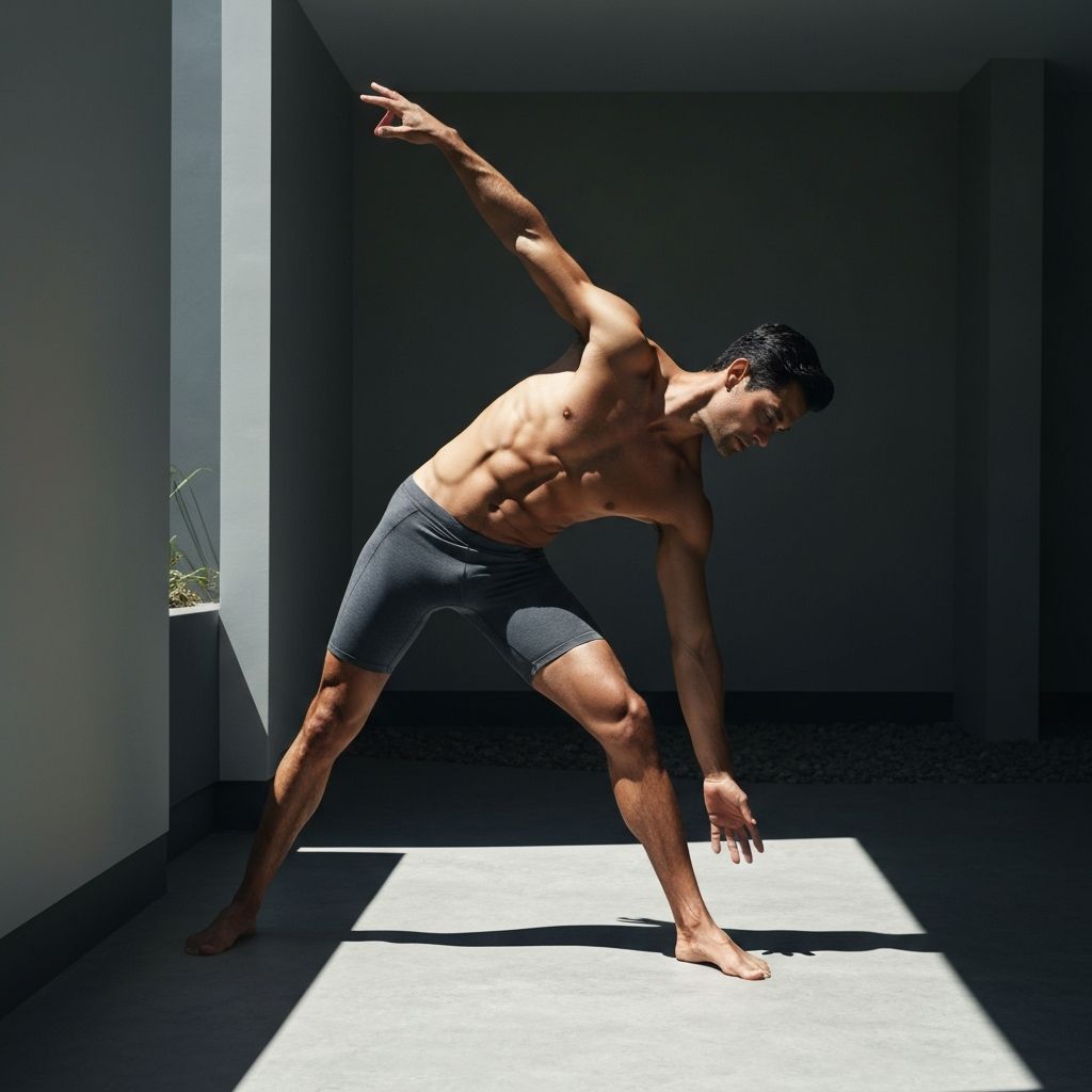 Man performing stretching and yoga movement in minimalist natural space with dramatic lighting and authentic form